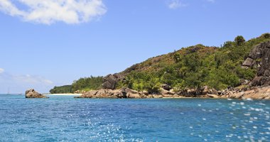 Güzel büyük Granit kayalar Curieuse Adası Hint Okyanusu '.