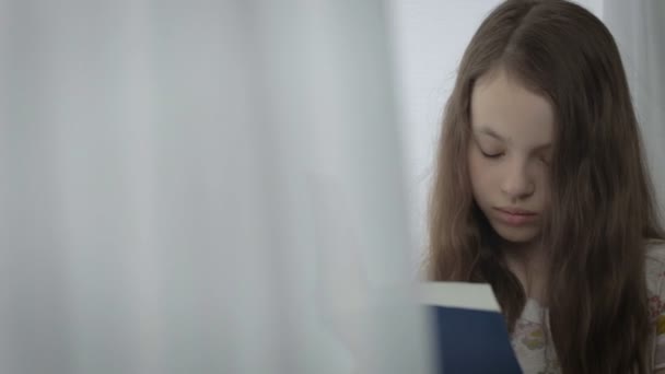 Piękny poważne dziewczynka czytanie książki przez okno. — Wideo stockowe
