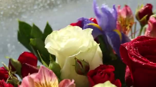 Krásnou kytici růží, iris a rychle rotující kosatců. — Stock video