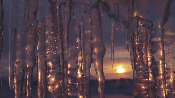 La puesta de sol se refleja en los carámbanos. Tiempo de caducidad — Vídeos de Stock