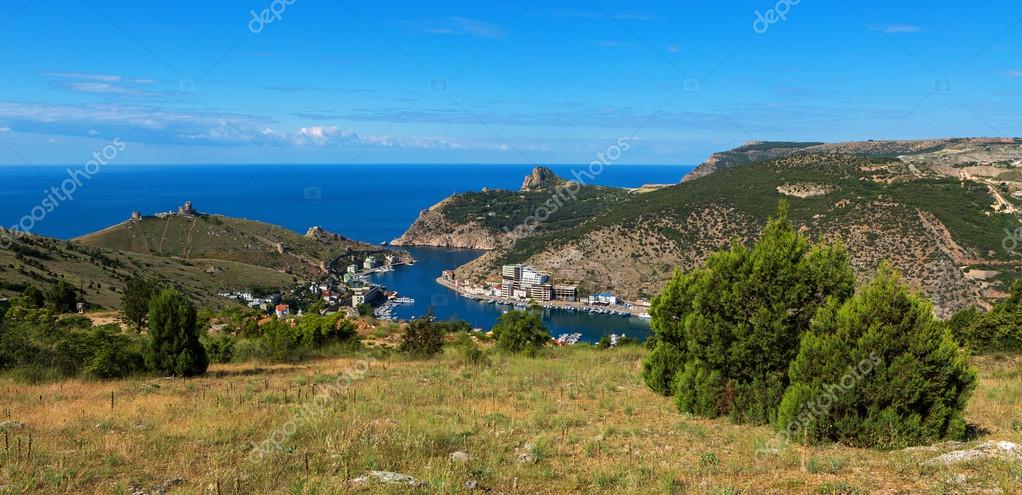 Balaklava is popular Crimean resort Bay former submarine base Stock Balaklava is popular Crimean resort Bay former submarine base Stock
