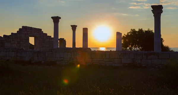 Antik Grekisk Basilika Och Marmor Kolumner Chersonesus Taurica Solnedgången Bakgrund — Stockfoto