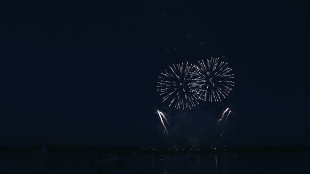 Piękne fajerwerki pod rzeką na tle Czarnego nieba. — Wideo stockowe