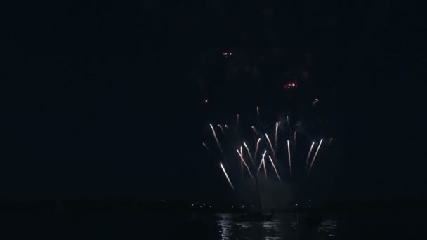 Belos fogos de artifício sob o rio no fundo do céu preto . — Vídeo de Stock