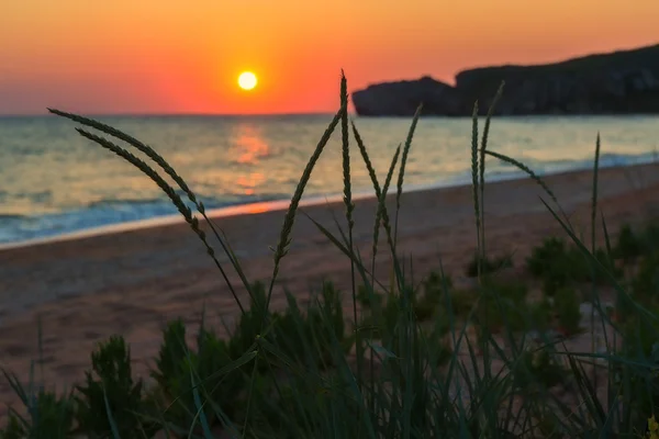 Sun rises over the Sea of Azov on Generals beach. Karalar regional landscape park in Crimea. — Stock Photo, Image