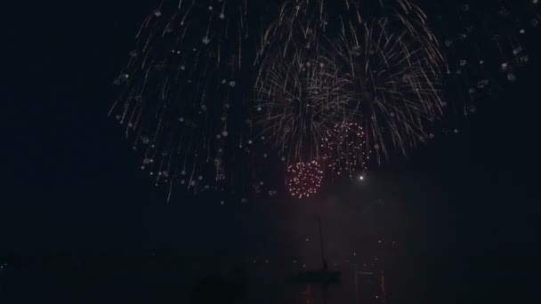 Hermosos fuegos artificiales bajo el río en el fondo del cielo negro . — Vídeos de Stock