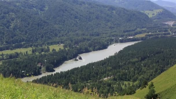 Panorama the river Katun from Mount Bloody Finger. Altai Krai. Russia. — Stock Video