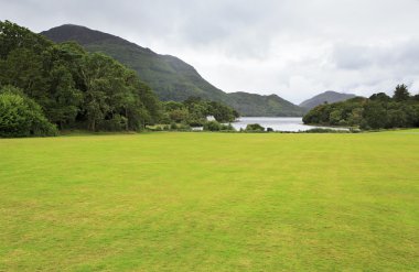 Muckross Gölü önünde yeşil çim.