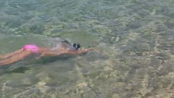 Παιδί κολυμπά στη θάλασσα. Χερσόνησο της Σιθωνίας. Βόρεια Ελλάδα. — Αρχείο Βίντεο
