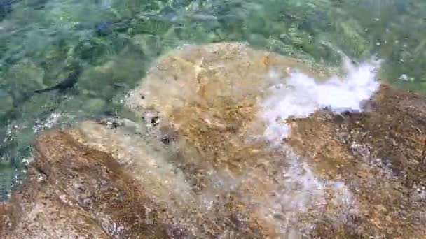 Clear water of Aegean Sea washes the rocks on shore. Sithonia peninsula. Northern Greece. — Stock Video