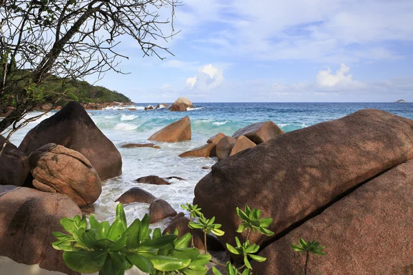 Grandes rocas de granito en la playa de Anse Lazio . — Foto de Stock