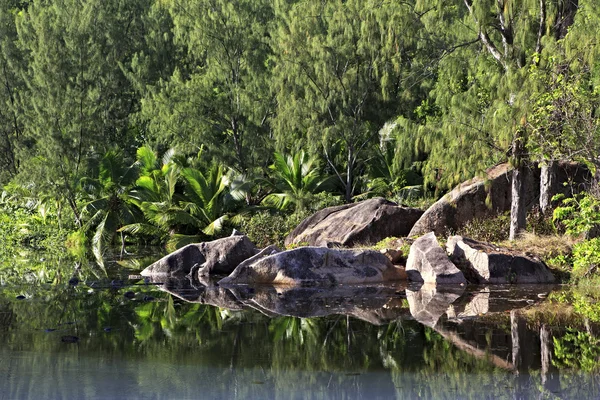 Beautiful lake with stone blocks near the Le Chevalier Bay Guesthouse — Stock Photo, Image