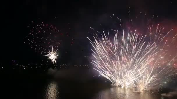 Mooi vuurwerk op de rivier in de nachtelijke hemel. — Stockvideo