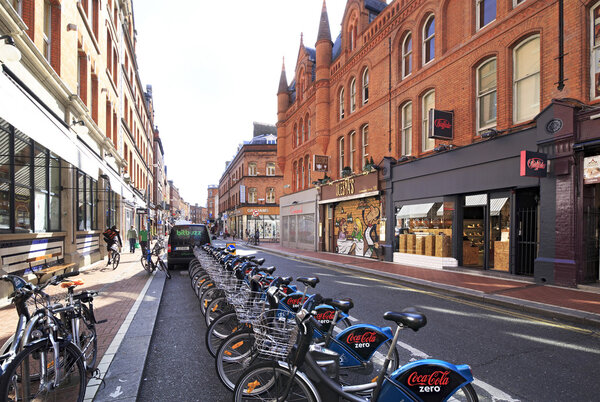 Dublin, Ireland - August 19, 2014: Bicycle parking in the center of Dublin