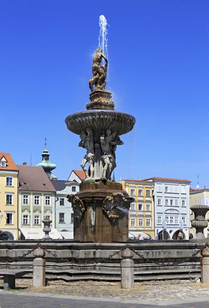 Fountain on the square in historic center of Ceske Budejovice. — Stock Photo, Image
