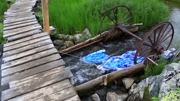 Adaptação para lavar roupa em um rio de montanha . — Vídeo de Stock