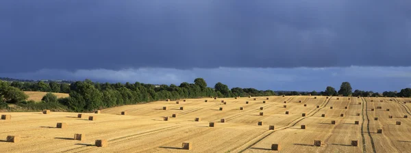 Prachtige veld met strobalen en storm wolken — Stockfoto