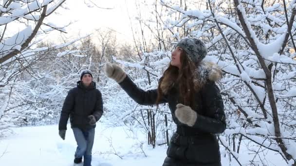 Hombre alegre cubierto de nieve Hermosa chica en el parque de invierno . — Vídeo de stock