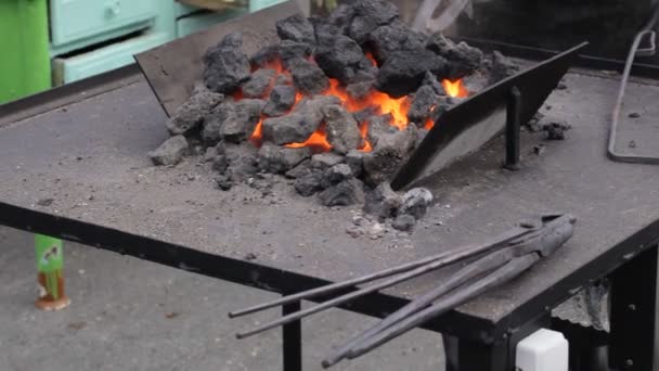 Fuego herrero. Herrero trabajando al aire libre . — Vídeo de stock