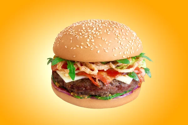 Hamburger isolated on yellow background — Stock Photo, Image