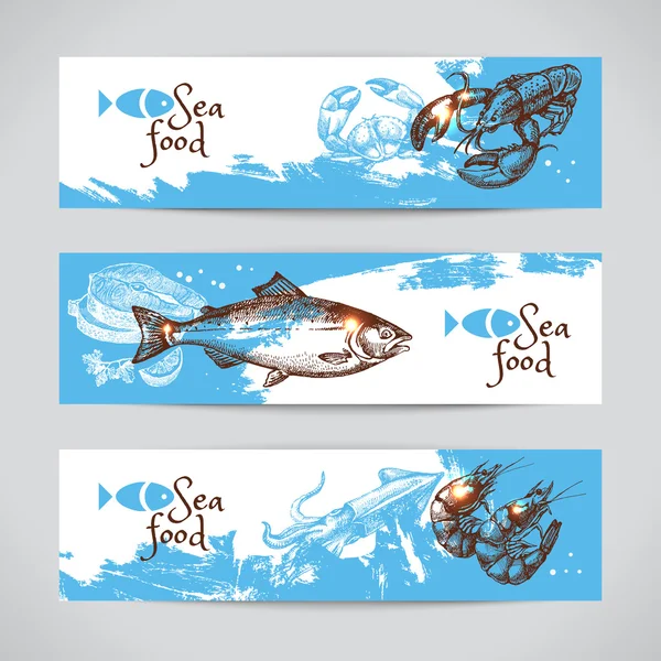 Bandeiras de frutos do mar desenhadas à mão — Vetor de Stock
