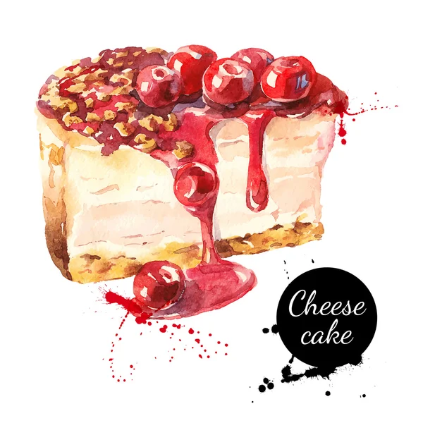 Watercolor sketch cherry cheesecake dessert. — Stock Vector