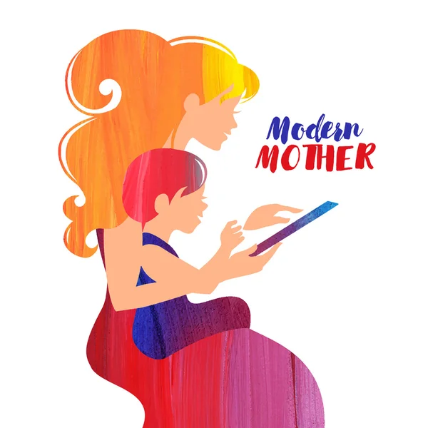 Mutter und Baby suchen Tablette. — Stockvektor