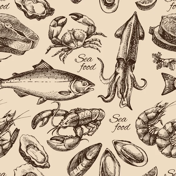 Croquis fruits de mer motif sans couture . — Image vectorielle