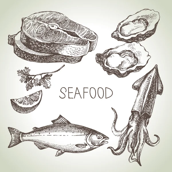 ชุดสเก็ตช์ที่วาดด้วยมือของอาหารทะเล . — ภาพเวกเตอร์สต็อก