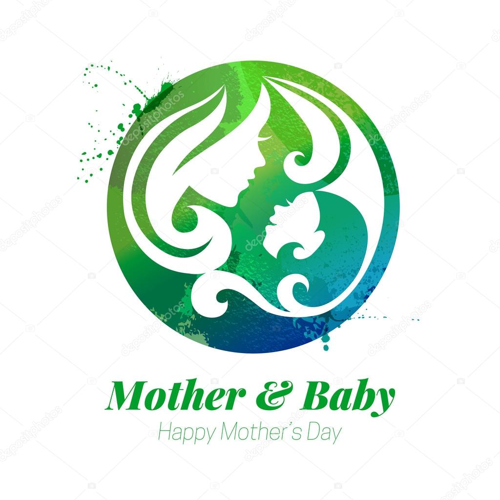 Vector watercolor effect illustration of mother silhouette with her baby. Card of Happy Mothers Day. Logo of beautiful woman and child
