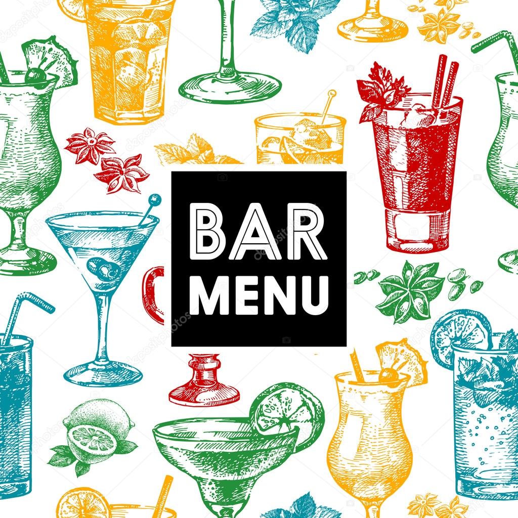 Restaurant and bar menu. Hand drawn sketch cocktails vector illustration