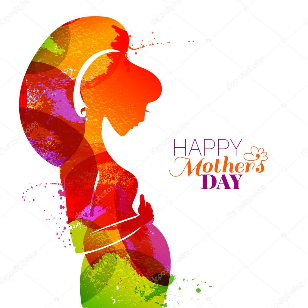 Vector watercolor effect illustration of beautiful pregnant woman isolated on white background. Card of Happy Mothers Day