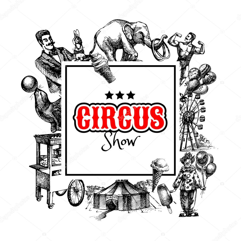 Hand drawn sketch circus and amusement vector illustration. Carnival vintage frame background