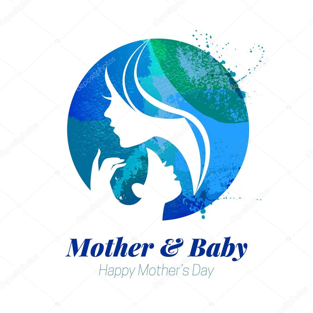 Vector watercolor effect illustration of mother silhouette with her baby. Card of Happy Mothers Day. Logo of beautiful woman and child