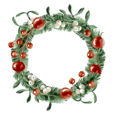 Suluboya kış Noel çelengi. Resmedilmiş el çizimi