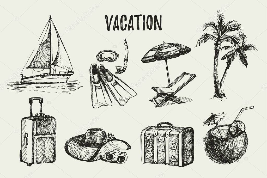 Hand drawn vintage travel vacation set. Sketch retro summer trip vector illustration