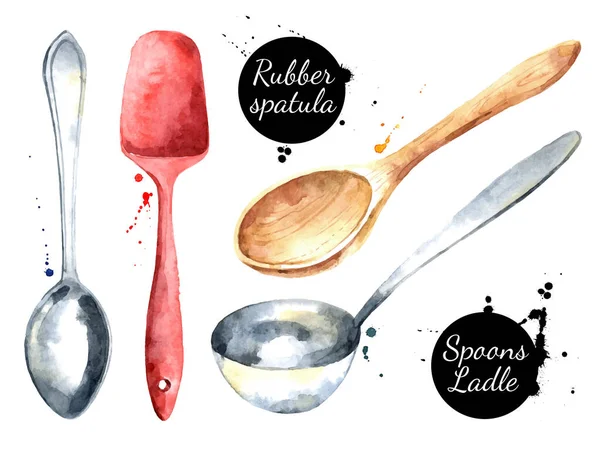 Ilustração Aquarela Utensílios Cozinha Vetor Pintado Pratos Isolados Definidos Fundo — Vetor de Stock