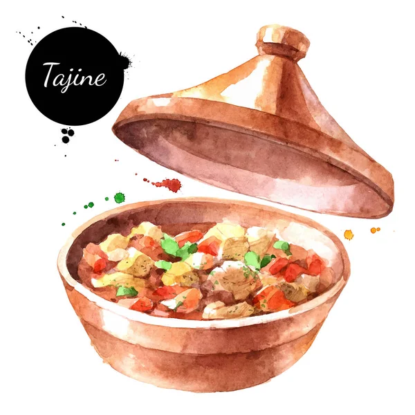 Akvarel Ilustrace Tajine Vektor Maloval Izolované Marrakech Tradiční Potraviny Bílém — Stockový vektor