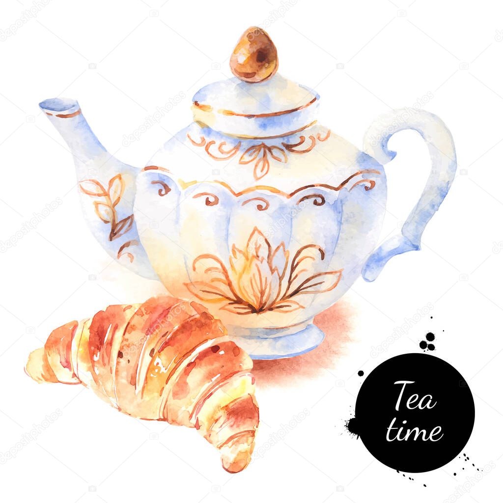 Watercolor tea pot illustration. Vector painted isolated croissant and teapot on white background