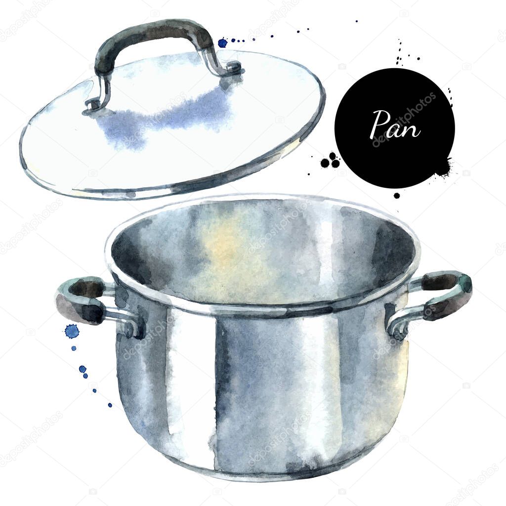 Watercolor illustration of kitchenware pan. Vector painted isolated dishes set on white background
