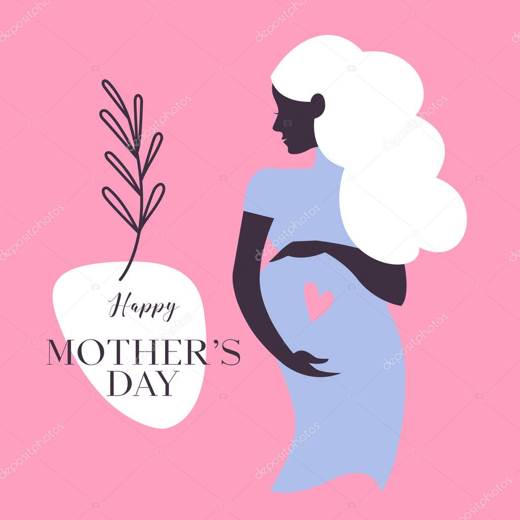 Silhouette pregnant mother. Newborn baby shower greeting card. Vector illustration of beautiful pregnancy mother background. Motherhood banner