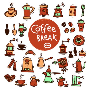 Kroki doodle kahve Icon set.