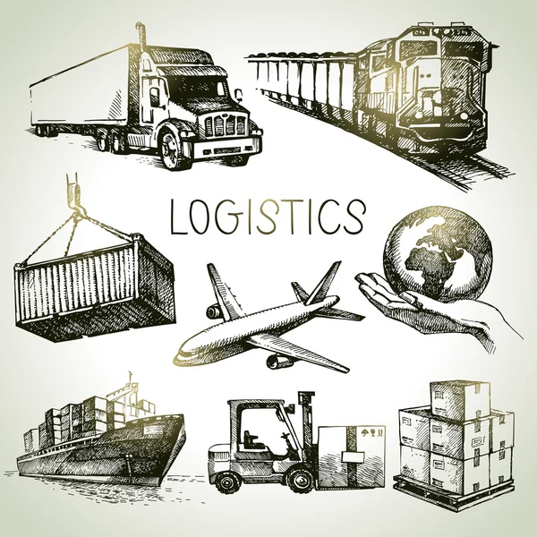 Logistique dessinée à la main et livraison croquis icônes ensemble — Image vectorielle