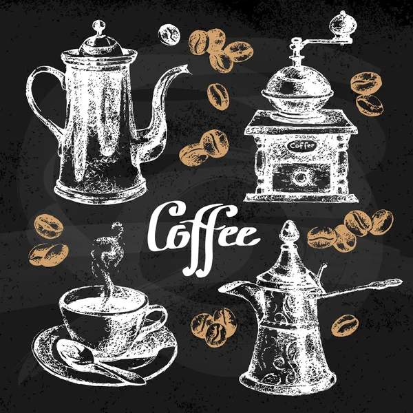 Hand drawn sketch vintage coffee set — Stock Vector