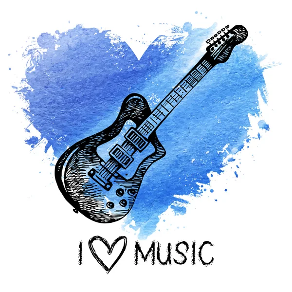 Music background with splash watercolor heart and sketch. — Stock Vector