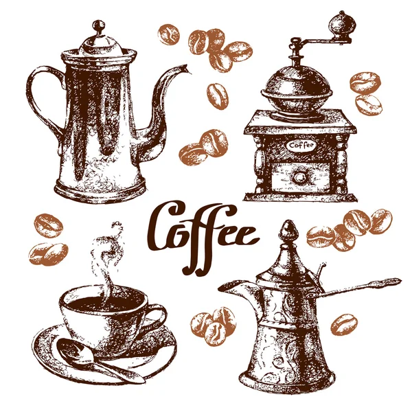 Handgezeichnete Skizze Vintage Kaffee-Set — Stockvektor
