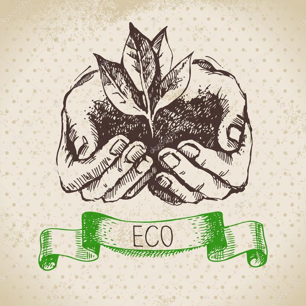Sketch ecology vintage background. Hand drawn vector illustration