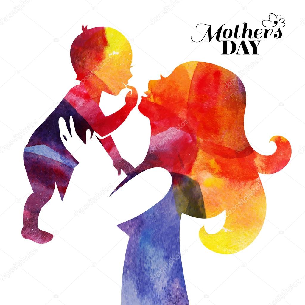 Watercolor mother silhouette with her baby. Card of Happy Mothers Day. Vector illustration with beautiful woman and child