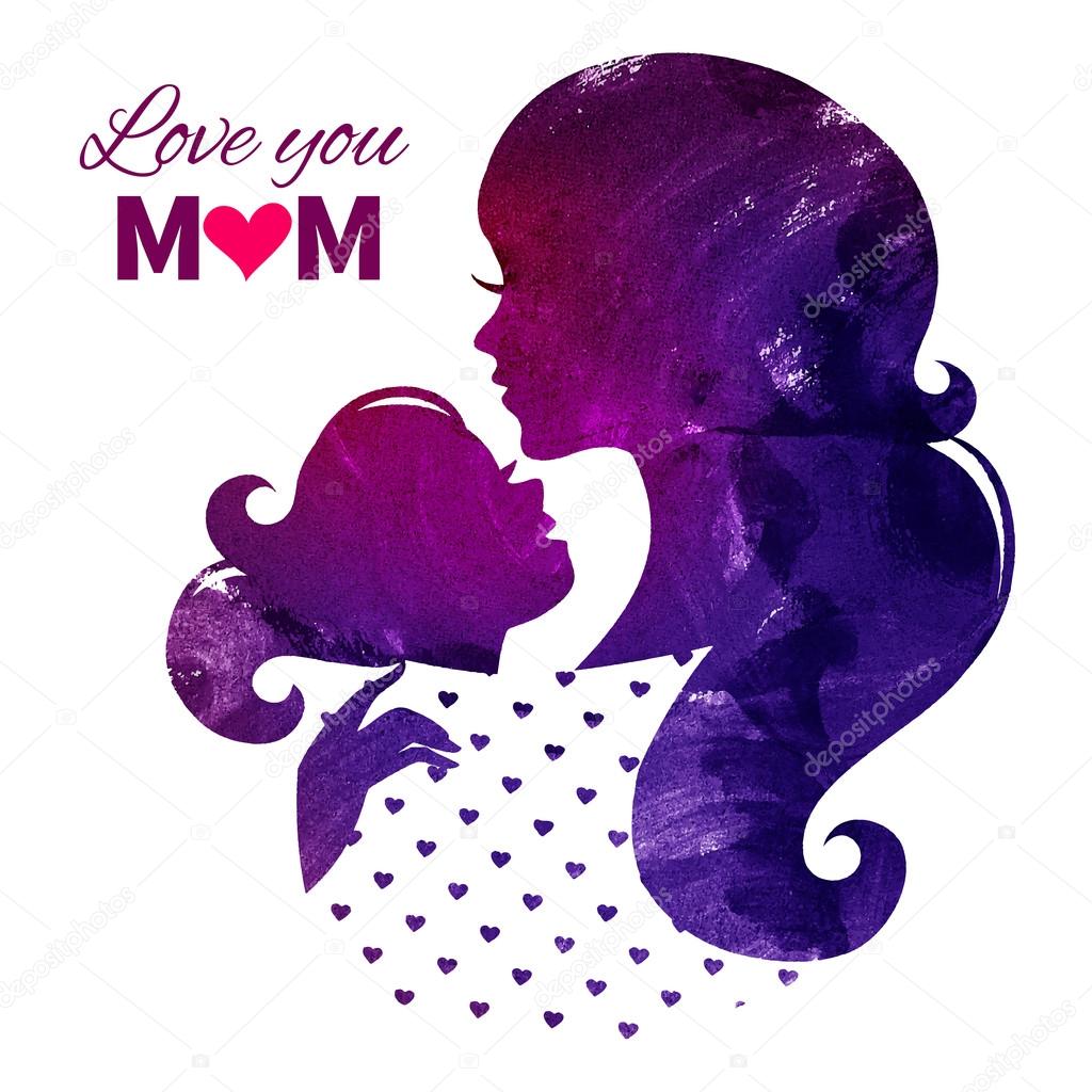 Card of Happy Mothers Day. Beautiful mother silhouette