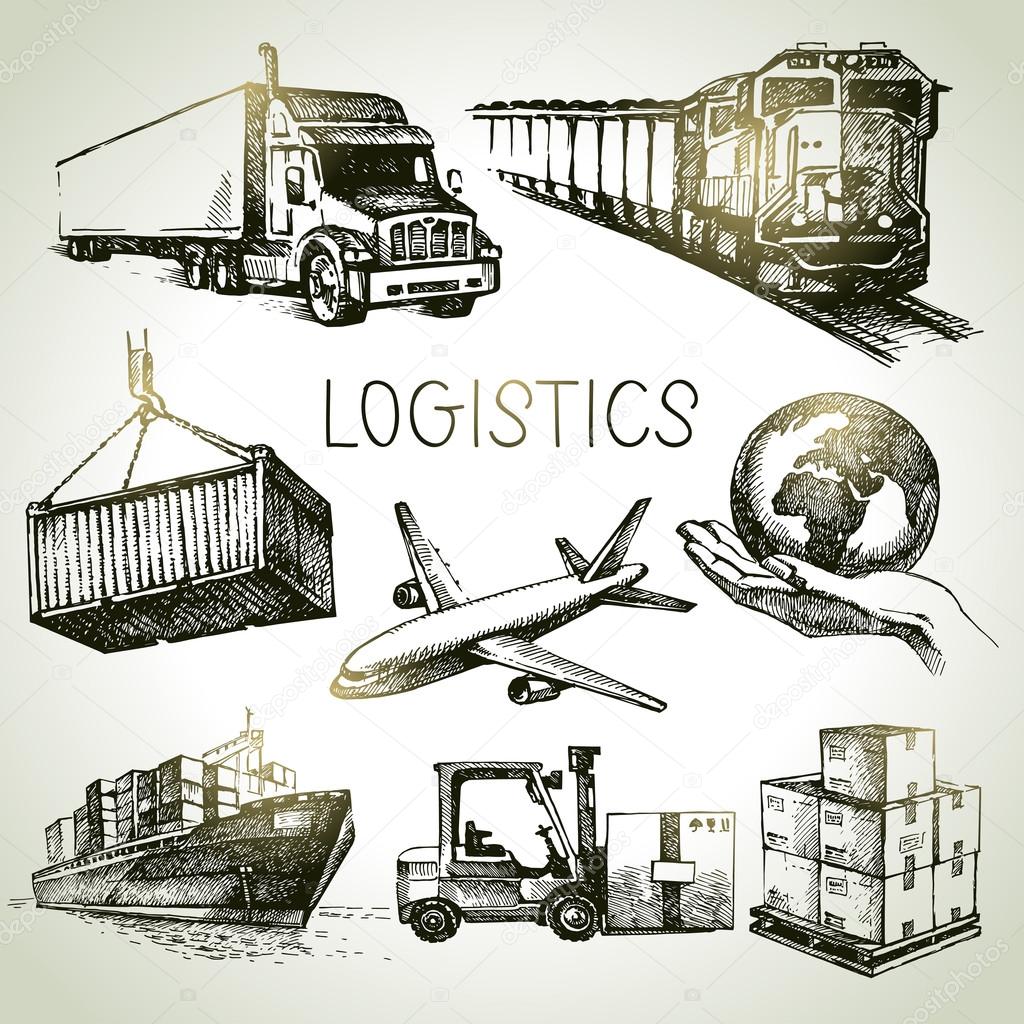 Hand drawn logistics and delivery sketch icons set